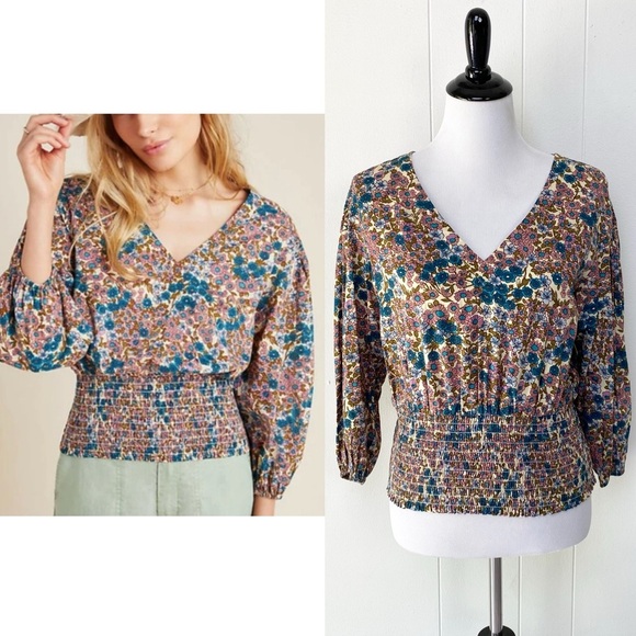 Maeve by Anthropologie Odette Blouse Smocked Floral Bohemian Peasant Top Size XS - Picture 1 of 15
